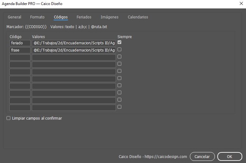 Panel Códigos personalizados en Agenda Builder PRO: marcadores dinámicos para automatizar contenido en InDesign