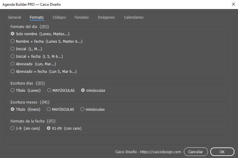 Panel Formato de Agenda Builder PRO: opciones de visualización de días, meses y fechas en la agenda InDesign