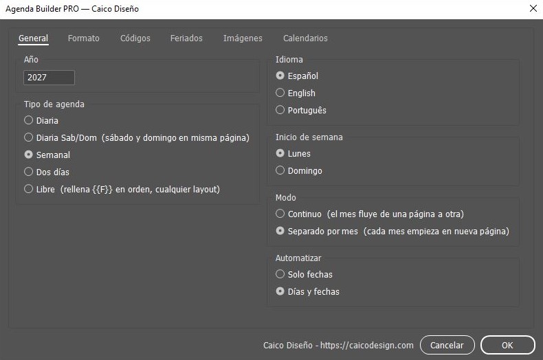 Panel General del script Agenda Builder PRO para InDesign: configuración de año, tipo de agenda e idioma
