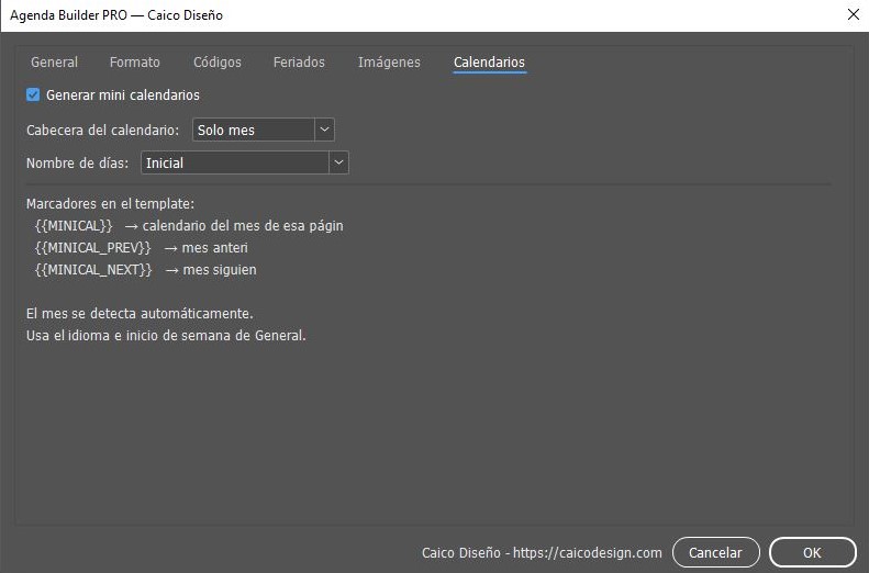 Panel Calendarios de Agenda Builder PRO: generación automática de mini calendarios mensuales en InDesign